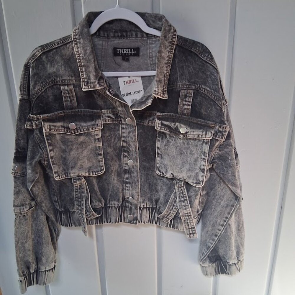Thrill Jeans Black Washed Denim Short Jacket NWT Sz L